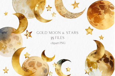 Gold moon and stars Watercolor Clipart PNG