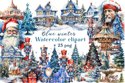 Watercolor Christmas Vintage clipart blue winter Sublimation