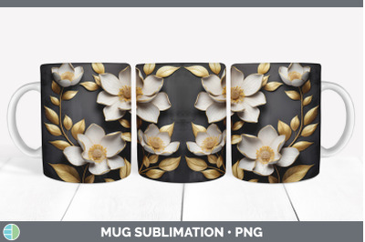3D Gold Magnolia Flowers Mug Wrap | Sublimation Coffee Cup Design