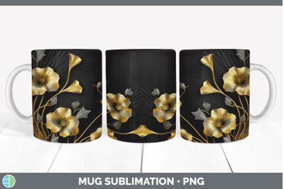 3D Gold Morning Glory Flowers Mug Wrap | Sublimation Coffee Cup Design
