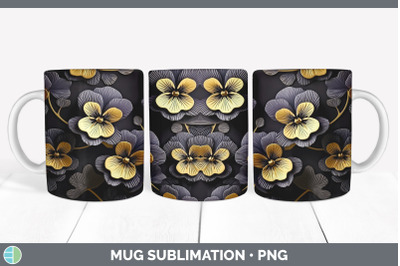 3D Gold Pansy Flowers Mug Wrap | Sublimation Coffee Cup Design