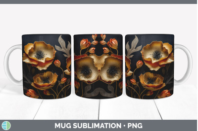 3D Gold Poppy Flowers Mug Wrap | Sublimation Coffee Cup Design