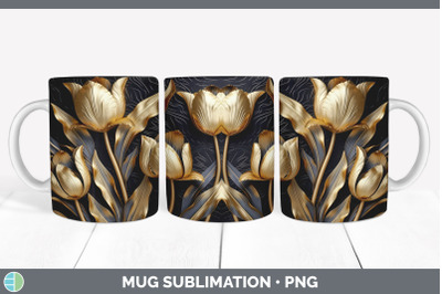 3D Gold Tulip Flowers Mug Wrap | Sublimation Coffee Cup Design
