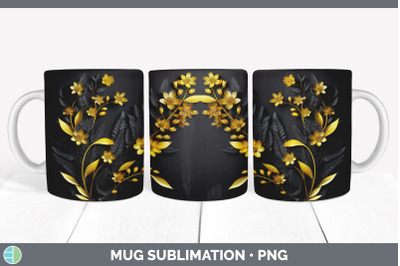 3D Black and Gold Acacia Flowers Mug Wrap | Sublimation Coffee Cup Des