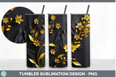 3D Black and Gold Acacia Flowers Tumbler | Sublimation 20 oz Skinny Tu