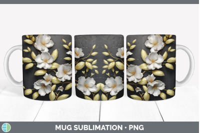 3D Black and Gold Apple Blossom Flowers Mug Wrap | Sublimation Coffee