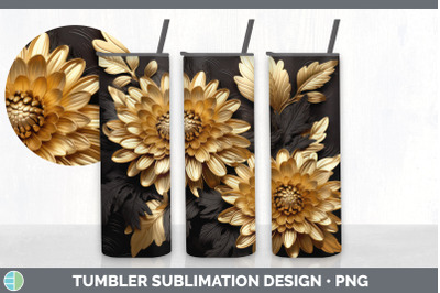 3D Black and Gold Aster Flowers Tumbler | Sublimation 20 oz Skinny Tum