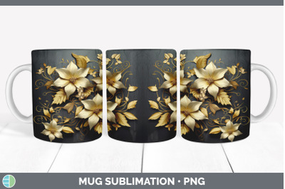 3D Black and Gold Clematis Flowers Mug Wrap | Sublimation Coffee Cup D