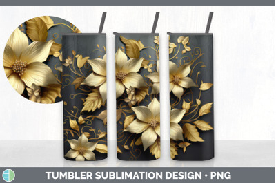 3D Black and Gold Clematis Flowers Tumbler | Sublimation 20 oz Skinny