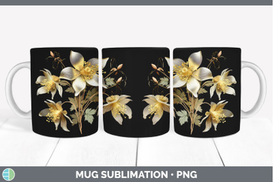 3D Black and Gold Columbine Flowers Mug Wrap | Sublimation Coffee Cup