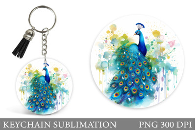 Peacock Round Keychain. Peacock Watercolor Keychain Design