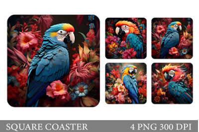 3D Parrot Coaster Design. Parrot Flowers Square Coaster