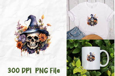 Halloween Skull Wear Witch Hat Flowers