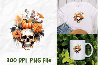 Halloween Skull Pumpkin Flowers Autumn