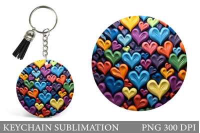 3D Hearts Round Keychain. Colorful Hearts Keychain Design