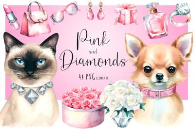 Watercolor Pink and Diamonds clipart png Bundle