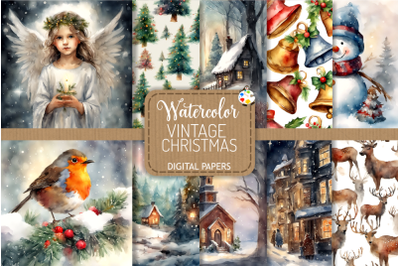 Vintage Watercolor Christmas Digital Paper Illustrations