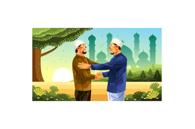 Celebrating Eid al-Fitr with Friend Illustration