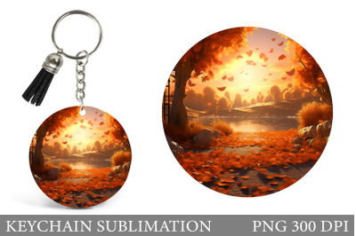 Fall Landscape Round Keychain. Fall Keychain Design