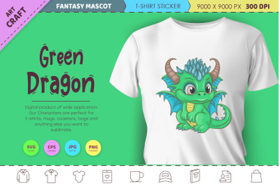 Cartoon green dragon. Fantasy clipart.