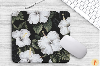 Tropical White Hibiscus Floral Mouse Pad