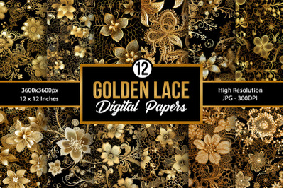 Black Golden Lace Pattern Digital Papers