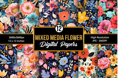Mixed Media Flowers Seamless Pattern Digital Papers