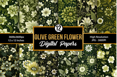 Olive Green Flowers Garden Seamless Pattern Digital Papers