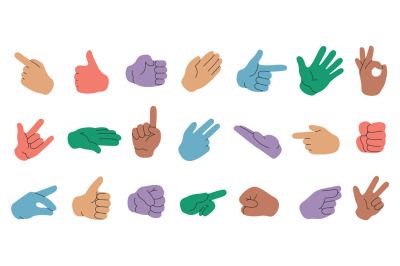 Colorful hands collection. Human arm and hand gestures, people gesture