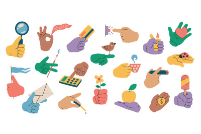 Hands holding objects. Human arm with various stuff, cartoon hand show