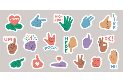 Comic hand stickers. Cute labels with hand expression and gestures&2C; fu