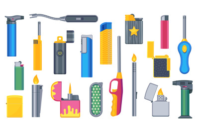 Lighters set. Cartoon disposable and reusable lighters icons, flammabl