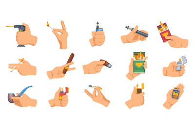 Hands with cigarettes. Cartoon men and women holding e-cigarette devic