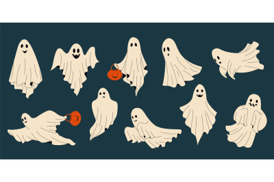 Cute ghost. Cartoon scary fantasy characters with spooky expressions,