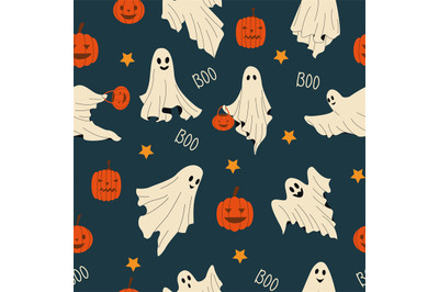 Baby ghost pattern. Seamless print of cute scary Halloween character i