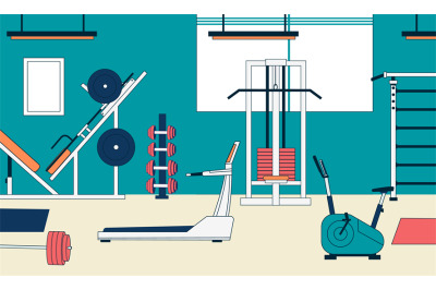 Gym interior with equipment. Cartoon fitness center with fitness train