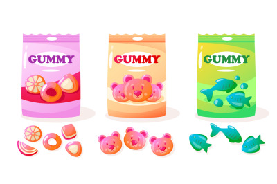 Jelly gum pack. Cartoon colorful sweet gummy bears, various assortment