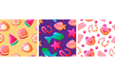 Jelly gum pattern. Seamless print of colorful sweet chewy candy, carto