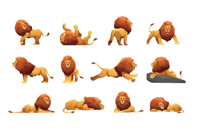 Lion collection. Cartoon male jungle cats in different poses&2C; cute big