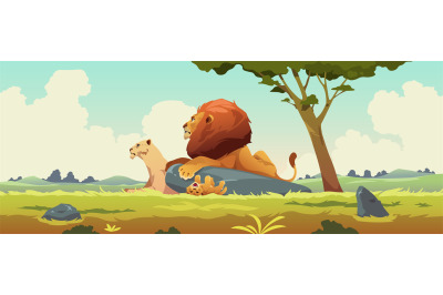 Lion family landscape. Cartoon wildlife background with lion cubs, kin