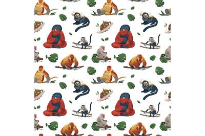 Monkey pattern. Seamless tropical print with funny jungle primate char