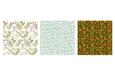 Wild flowers pattern. Seamless print of meadow flowers with leaves and