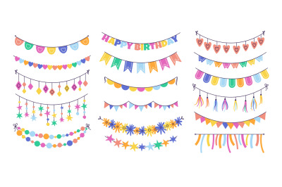 Party garland collection. Cartoon colorful holiday bunting elements, f