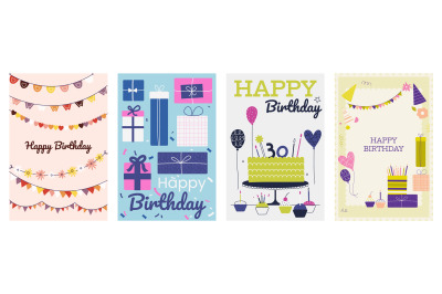 Birthday postcards. Happy celebration cards with funny text and cute a