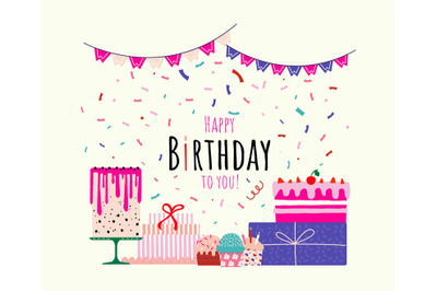 Birthday celebration cake card. Greeting calligraphy text with cute co
