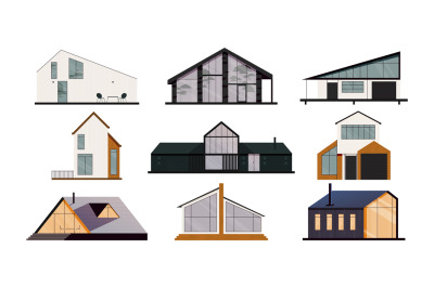 Modern houses. Cartoon cottage and villa, modern residential buildings