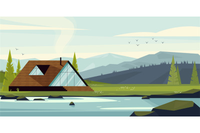Modern house in woods landscape. Cartoon cottage in forest, a-frame in