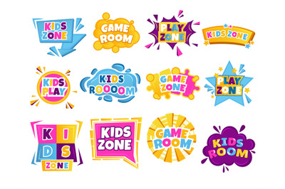 Kids zone label. Cartoon colorful child playroom with toys, baby kinde