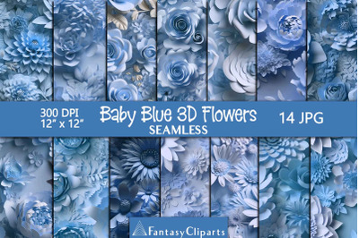 Baby Blue 3D Flowers Digital Paper | Floral Seamless Pattern