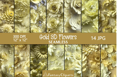 Gold 3D Flowers Digital Paper | Floral Seamless Patterns